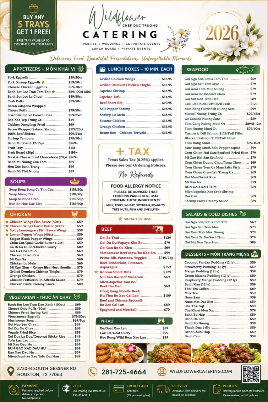 Wildflower Catering 2026 menu with appetizers, lunch boxes, soups, chicken, vegetarian dishes, beef, seafood, salads, desserts, pricing, and ordering information
